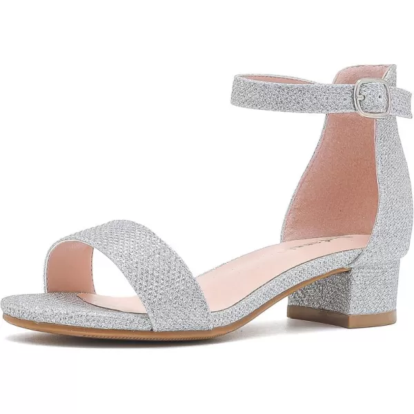Dufannie Girls Sandals Low Heels Dress Pump Ankle Strap Open Toe Flower Girl Wedding Party for Toddler Little Big KidSingle Glitter Silver
