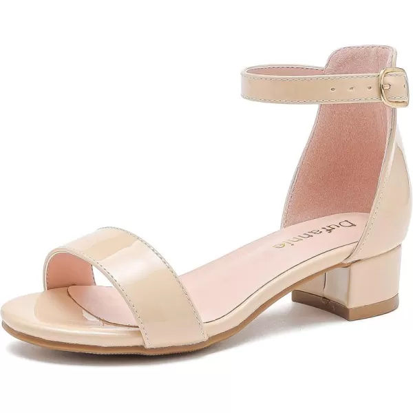 Dufannie Girls Sandals Low Heels Dress Pump Ankle Strap Open Toe Flower Girl Wedding Party for Toddler Little Big KidSingle Patent Nude