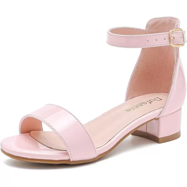 Dufannie Girls Sandals Low Heels Dress Pump Ankle Strap Open Toe Flower Girl Wedding Party for Toddler Little Big KidSingle Patent Pink