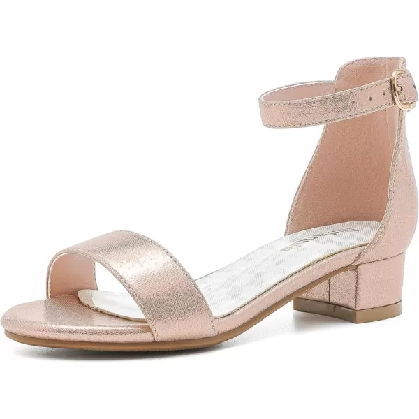 Dufannie Girls Sandals Low Heels Dress Pump Ankle Strap Open Toe Flower Girl Wedding Party for Toddler Little Big KidSingle Pearl Rosegold