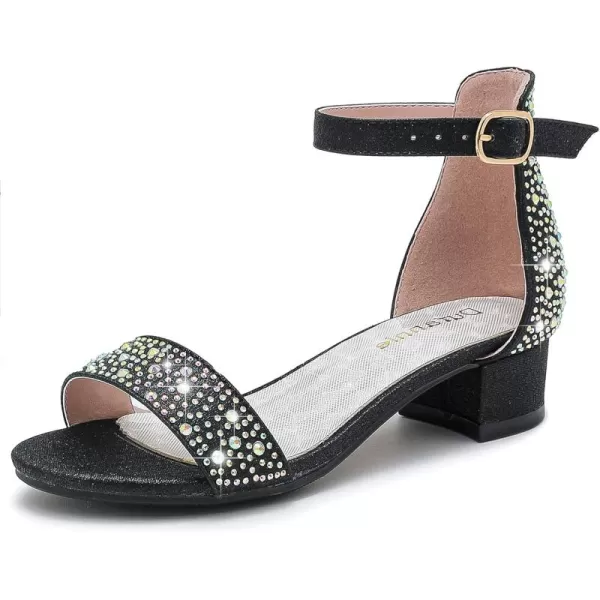 Dufannie Girls Sandals Low Heels Dress Pump Ankle Strap Open Toe Flower Girl Wedding Party for Toddler Little Big KidSingle Rhinestone Black