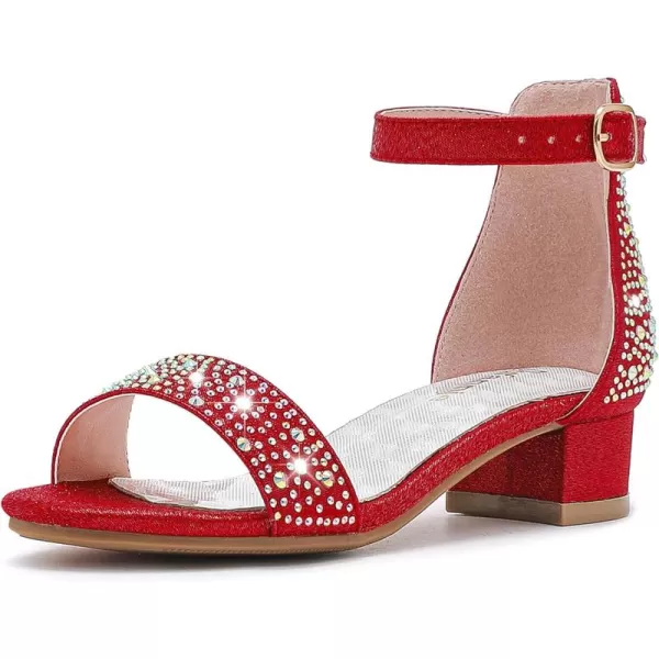 Dufannie Girls Sandals Low Heels Dress Pump Ankle Strap Open Toe Flower Girl Wedding Party for Toddler Little Big KidSingle Rhinestone Red