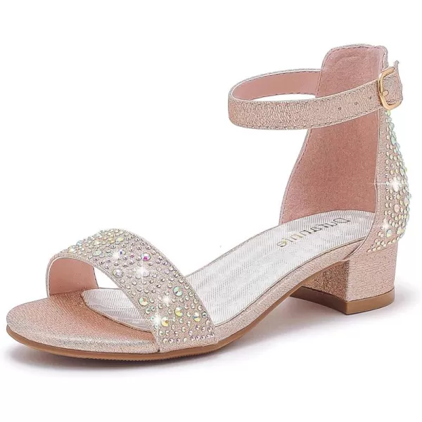 Dufannie Girls Sandals Low Heels Dress Pump Ankle Strap Open Toe Flower Girl Wedding Party for Toddler Little Big KidSingle Rhinestone Rosegold