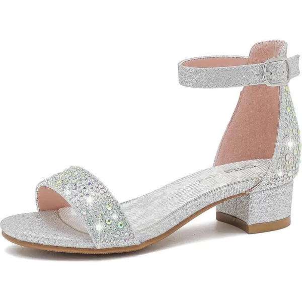 Dufannie Girls Sandals Low Heels Dress Pump Ankle Strap Open Toe Flower Girl Wedding Party for Toddler Little Big KidSingle Rhinestone Silver