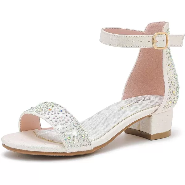 Dufannie Girls Sandals Low Heels Dress Pump Ankle Strap Open Toe Flower Girl Wedding Party for Toddler Little Big KidSingle Rhinestone White