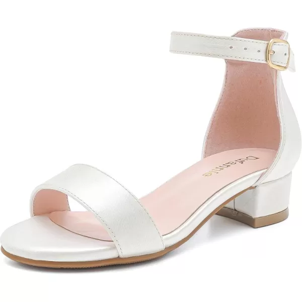 Dufannie Girls Sandals Low Heels Dress Pump Ankle Strap Open Toe Flower Girl Wedding Party for Toddler Little Big KidSingle Satin Ivory