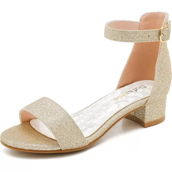 Dufannie Girls Sandals Low Heels Dress Pump Ankle Strap Open Toe Flower Girl Wedding Party for Toddler Little Big KidSingle Shimmer Gold