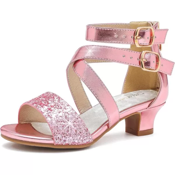 Dufannie Toddler Little Big Kid High Heels Flower Girls Party Dress Shoes Glitter Pump SandalsCross Patent Pink