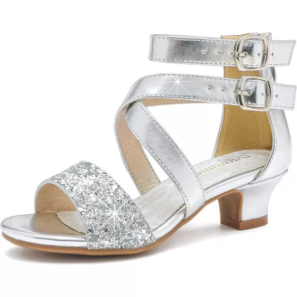 Dufannie Toddler Little Big Kid High Heels Flower Girls Party Dress Shoes Glitter Pump SandalsCross Patent Silver