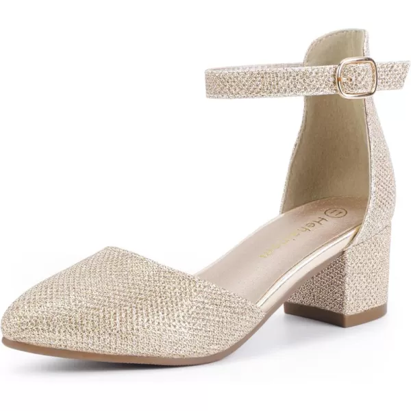 Hehainom Girls Dress Shoes High Heels Sandals Ankle Strap Flower Girl Little Big Kid Mary Jane Wedding Party Communion Mily Pump ShoesGold Glitter