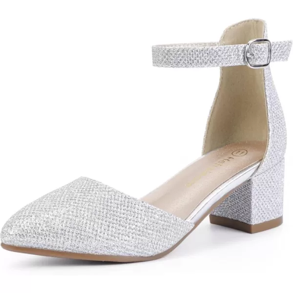 Hehainom Girls Dress Shoes High Heels Sandals Ankle Strap Flower Girl Little Big Kid Mary Jane Wedding Party Communion Mily Pump ShoesSilver Glitter