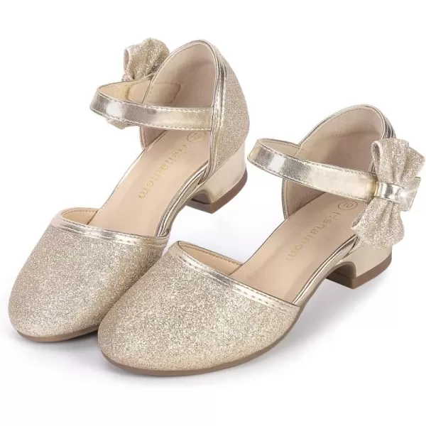 Hehainom Girls Sandals Sequins Princess Dress Shoes Closed Toe Low Heels for Toddler Little Big Kid Flower Wedding Party Pump ShoesB Gold Glitter