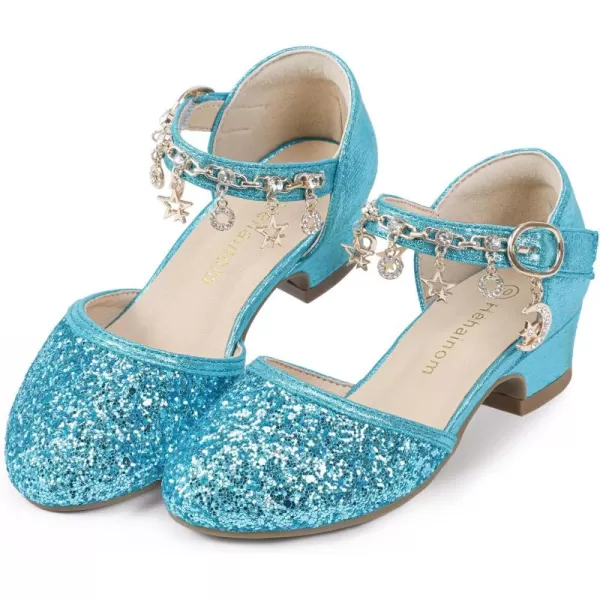 Hehainom Girls Sandals Sequins Princess Dress Shoes Closed Toe Low Heels for Toddler Little Big Kid Flower Wedding Party Pump ShoesBluesequin