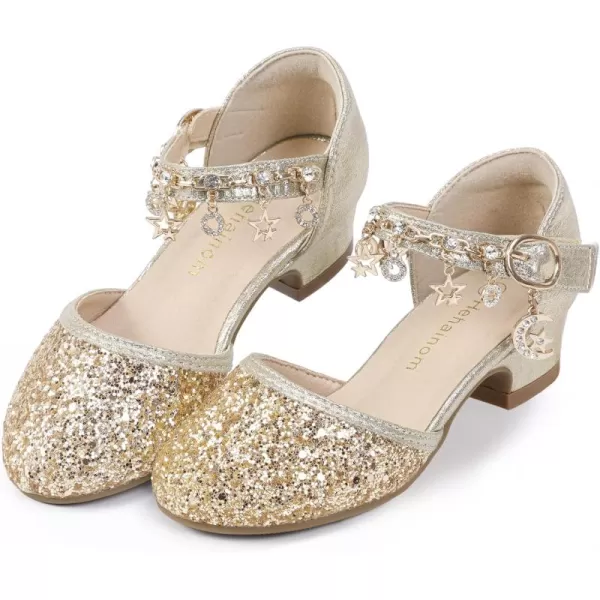 Hehainom Girls Sandals Sequins Princess Dress Shoes Closed Toe Low Heels for Toddler Little Big Kid Flower Wedding Party Pump ShoesGoldsequin