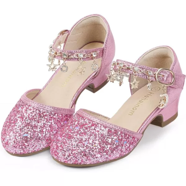 Hehainom Girls Sandals Sequins Princess Dress Shoes Closed Toe Low Heels for Toddler Little Big Kid Flower Wedding Party Pump ShoesPinksequin