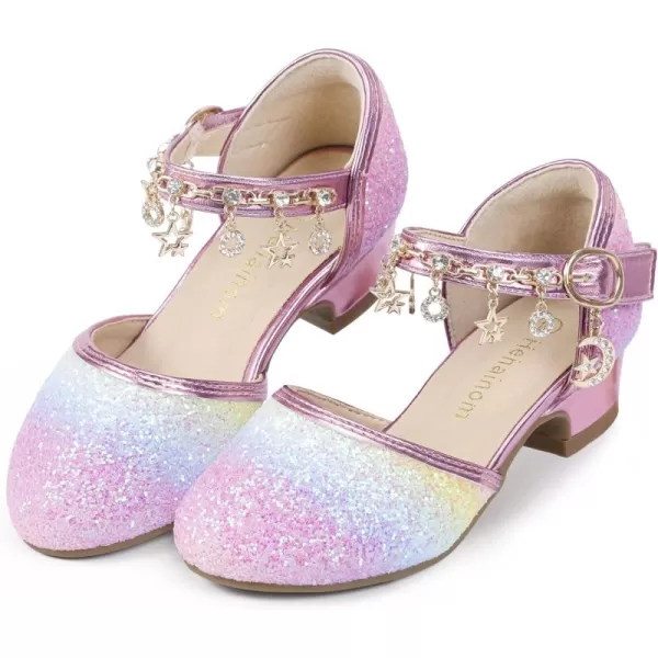 Hehainom Girls Sandals Sequins Princess Dress Shoes Closed Toe Low Heels for Toddler Little Big Kid Flower Wedding Party Pump ShoesRainbowsequin