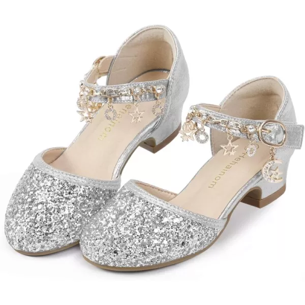 Hehainom Girls Sandals Sequins Princess Dress Shoes Closed Toe Low Heels for Toddler Little Big Kid Flower Wedding Party Pump ShoesSilversequin