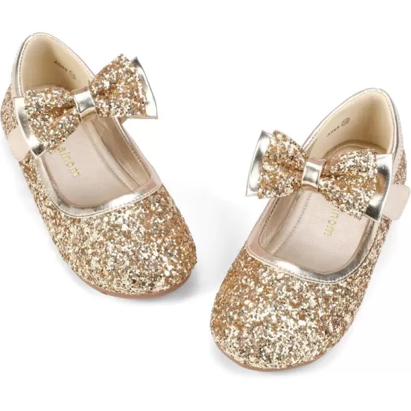 Hehainom Toddler Flower Girls Dress Shoes Mary Jane Princess Ballet Flats with Bow and Peals for Party SchoolAlisa Gold Sequin