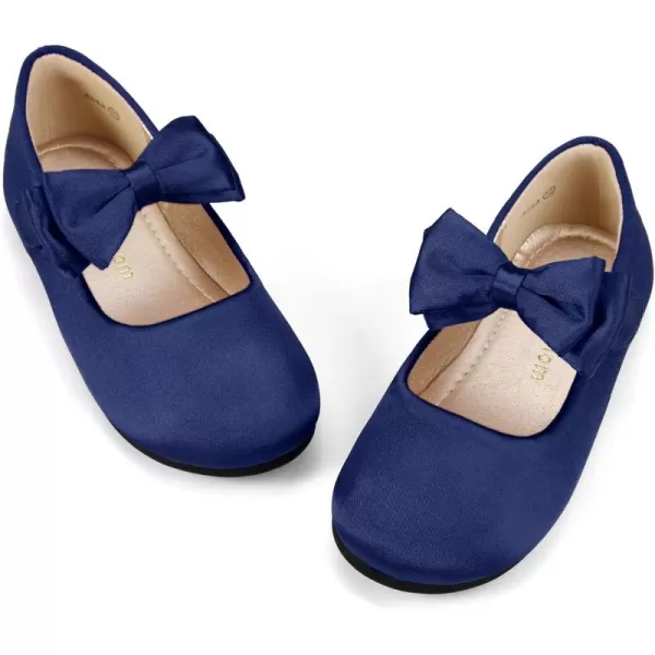 Hehainom Toddler Flower Girls Dress Shoes Mary Jane Princess Ballet Flats with Bow and Peals for Party SchoolAlisa Navy Satin