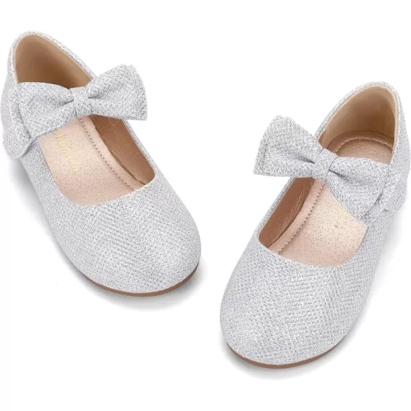 Hehainom Toddler Flower Girls Dress Shoes Mary Jane Princess Ballet Flats with Bow and Peals for Party SchoolAlisa Silver Glitter