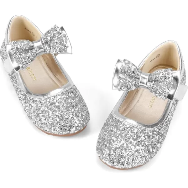 Hehainom Toddler Flower Girls Dress Shoes Mary Jane Princess Ballet Flats with Bow and Peals for Party SchoolAlisa Silver Sequin