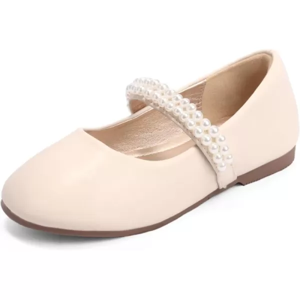 Hehainom Toddler Flower Girls Dress Shoes Mary Jane Princess Ballet Flats with Bow and Peals for Party SchoolBeige Pu