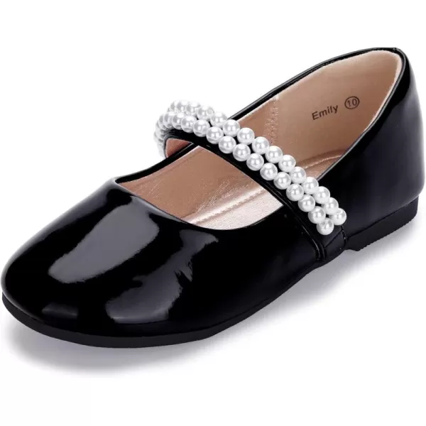 Hehainom Toddler Flower Girls Dress Shoes Mary Jane Princess Ballet Flats with Bow and Peals for Party SchoolBlack Patent