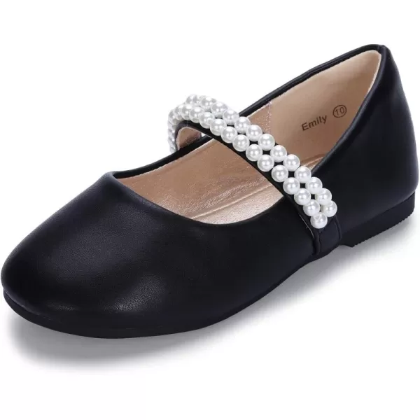 Hehainom Toddler Flower Girls Dress Shoes Mary Jane Princess Ballet Flats with Bow and Peals for Party SchoolBlack Pu