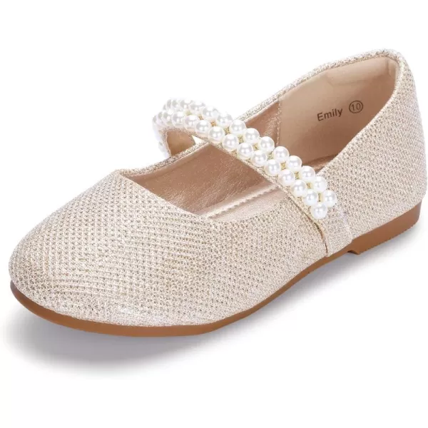 Hehainom Toddler Flower Girls Dress Shoes Mary Jane Princess Ballet Flats with Bow and Peals for Party SchoolGold Glitter