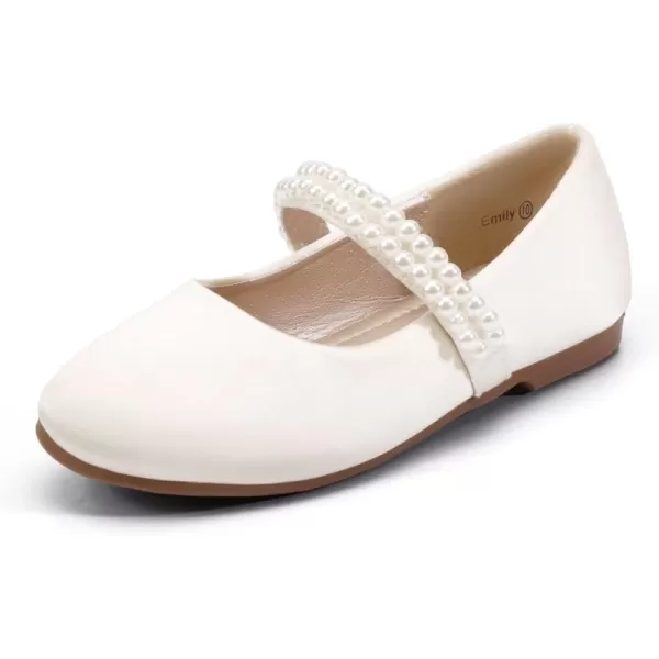 Hehainom Toddler Flower Girls Dress Shoes Mary Jane Princess Ballet Flats with Bow and Peals for Party SchoolIvory Satin