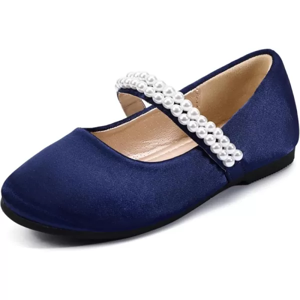 Hehainom Toddler Flower Girls Dress Shoes Mary Jane Princess Ballet Flats with Bow and Peals for Party SchoolNavy Satin