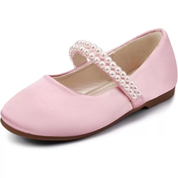 Hehainom Toddler Flower Girls Dress Shoes Mary Jane Princess Ballet Flats with Bow and Peals for Party SchoolPink Satin