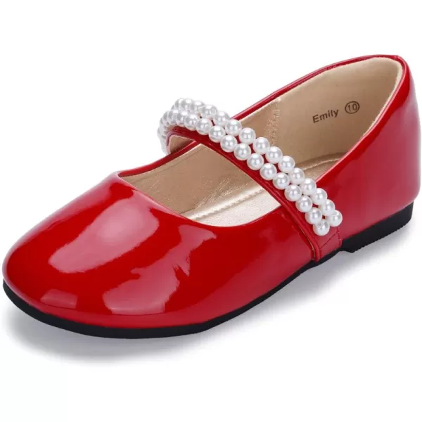 Hehainom Toddler Flower Girls Dress Shoes Mary Jane Princess Ballet Flats with Bow and Peals for Party SchoolRed Patent