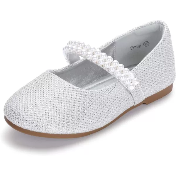 Hehainom Toddler Flower Girls Dress Shoes Mary Jane Princess Ballet Flats with Bow and Peals for Party SchoolSilver Glitter