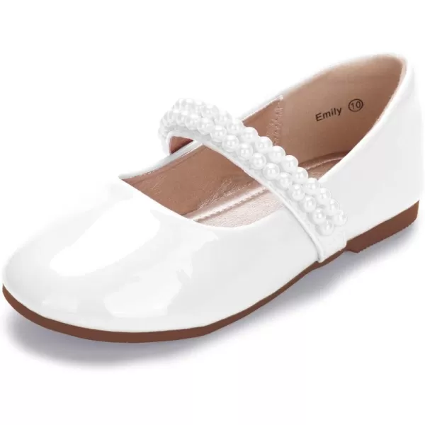 Hehainom Toddler Flower Girls Dress Shoes Mary Jane Princess Ballet Flats with Bow and Peals for Party SchoolWhite Patent