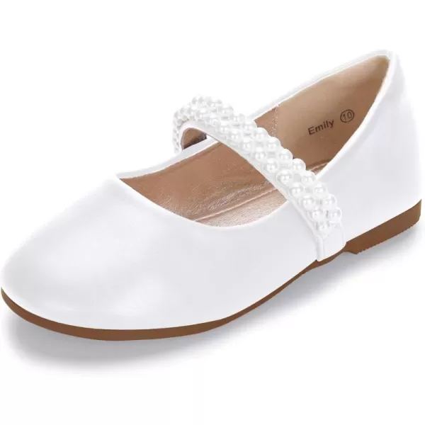 Hehainom Toddler Flower Girls Dress Shoes Mary Jane Princess Ballet Flats with Bow and Peals for Party SchoolWhite Pu