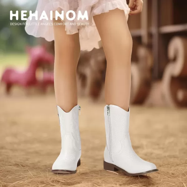 Hehainom Girls Cowboy Cowgirl Boots Boys Kids Toddler Western Mid Calf Zipper Riding Boots for Little Kid Big KidWhite Pu