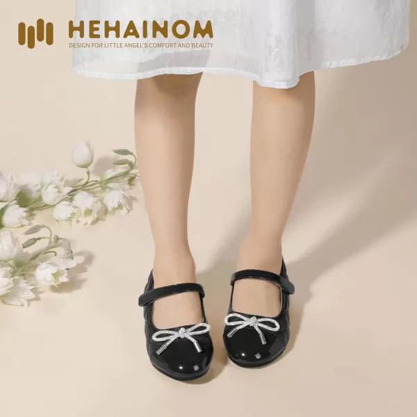 Hehainom Girls Dress Shoes Flower Girl Wedding Party School Little Big Kids Rhinestone Bow Ballet Flats ShoesBlack