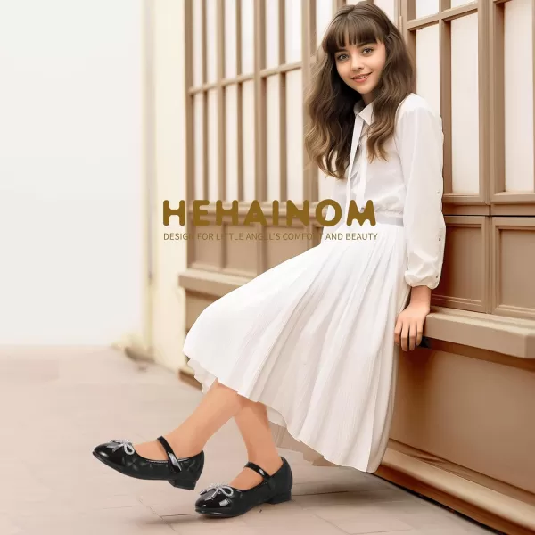 Hehainom Girls Dress Shoes Flower Girl Wedding Party School Little Big Kids Rhinestone Bow Ballet Flats ShoesBlack
