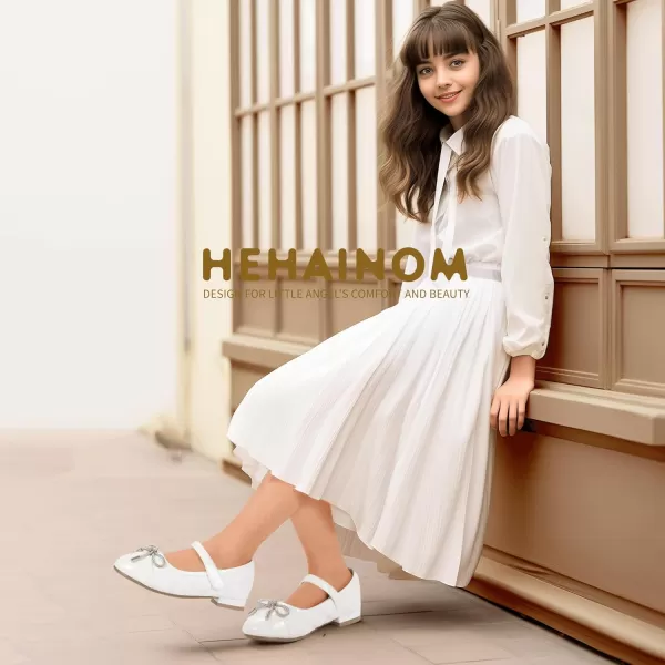 Hehainom Girls Dress Shoes Flower Girl Wedding Party School Little Big Kids Rhinestone Bow Ballet Flats ShoesWhite