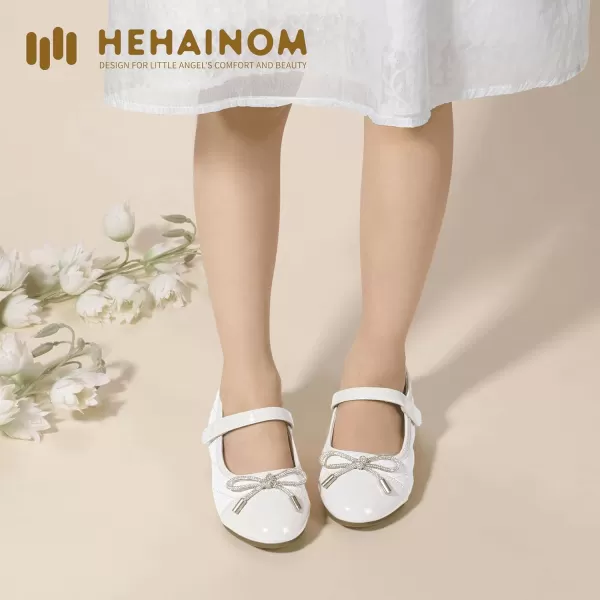 Hehainom Girls Dress Shoes Flower Girl Wedding Party School Little Big Kids Rhinestone Bow Ballet Flats ShoesWhite