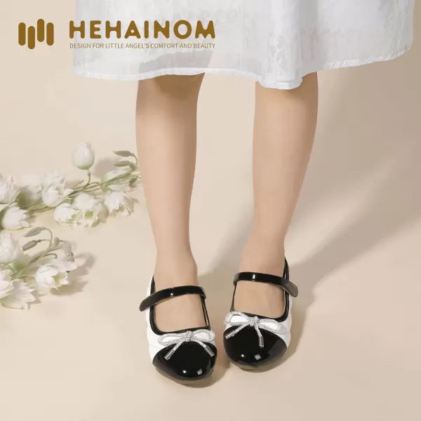 Hehainom Girls Dress Shoes Flower Girl Wedding Party School Little Big Kids Rhinestone Bow Ballet Flats ShoesWhiteBlack