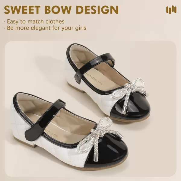 Hehainom Girls Dress Shoes Flower Girl Wedding Party School Little Big Kids Rhinestone Bow Ballet Flats ShoesWhiteBlack