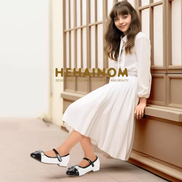 Hehainom Girls Dress Shoes Flower Girl Wedding Party School Little Big Kids Rhinestone Bow Ballet Flats ShoesWhiteBlack
