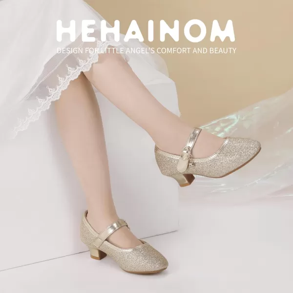 Hehainom Girls Dress Shoes Low Heels Flower Girl Mary Jane Princess School Wedding Party Toddler Little Kid Pump ShoesGold Glitter