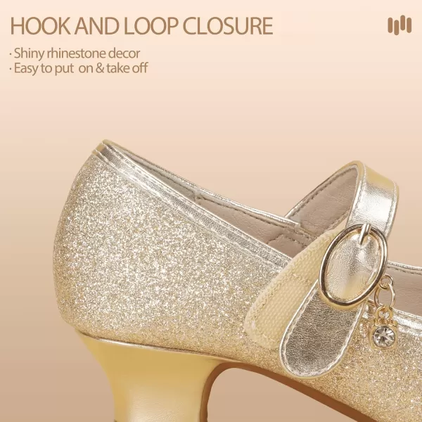 Hehainom Girls Dress Shoes Low Heels Flower Girl Mary Jane Princess School Wedding Party Toddler Little Kid Pump ShoesGold Glitter