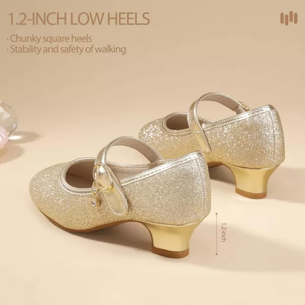 Hehainom Girls Dress Shoes Low Heels Flower Girl Mary Jane Princess School Wedding Party Toddler Little Kid Pump ShoesGold Glitter