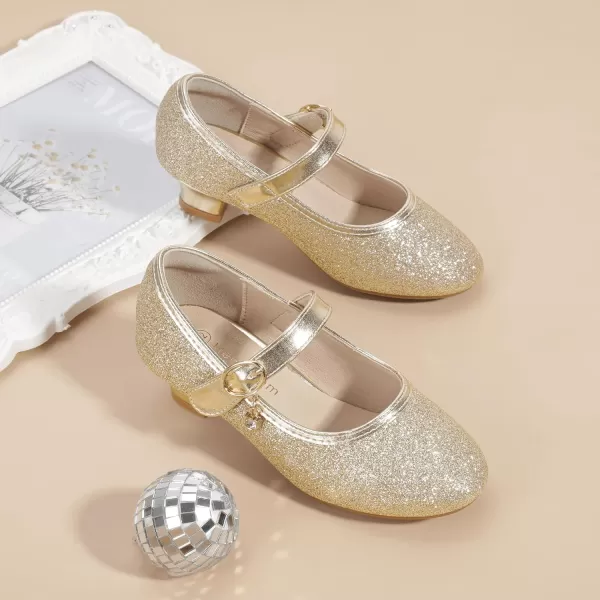 Hehainom Girls Dress Shoes Low Heels Flower Girl Mary Jane Princess School Wedding Party Toddler Little Kid Pump ShoesGold Glitter