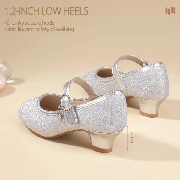 Hehainom Girls Dress Shoes Low Heels Flower Girl Mary Jane Princess School Wedding Party Toddler Little Kid Pump ShoesSilver Glitter