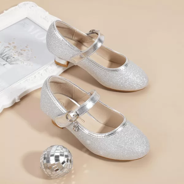 Hehainom Girls Dress Shoes Low Heels Flower Girl Mary Jane Princess School Wedding Party Toddler Little Kid Pump ShoesSilver Glitter